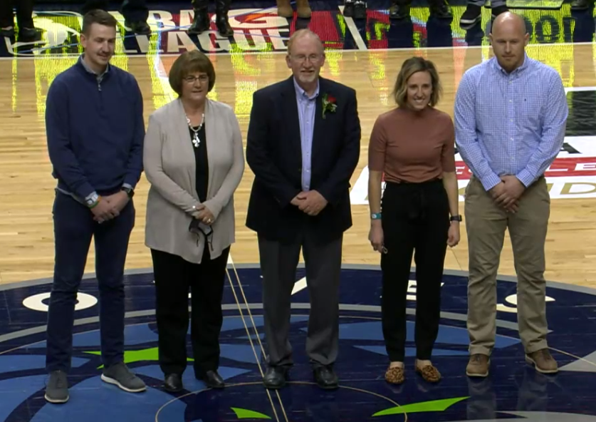 Former Ackley-Geneva and AGWSR boys basketball head coach Russ Banzhaf was finally formally inducted as part of the 2020 class of the IHSAA Coaches Hall of Fame at Wells Fargo Arena in Des Moines. (Screenshot from IHSSN broadcast)