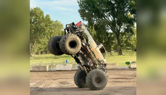 Driver Rod Schmidt of Charles City shows off during the skills competition last Friday night