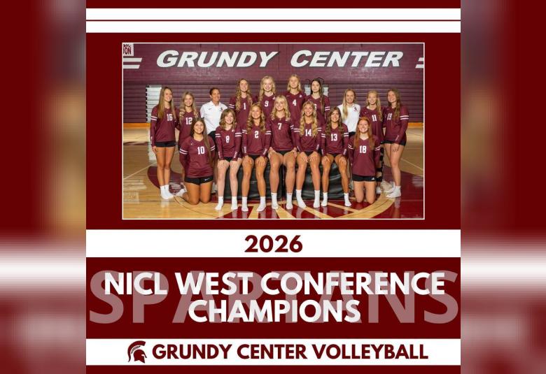 Photo Cutlines: Grundy Center Volleyball Team and Coaches are the 2026 NICL-West Conference Champions. (Photo Courtesy of Grundy Center Schools)